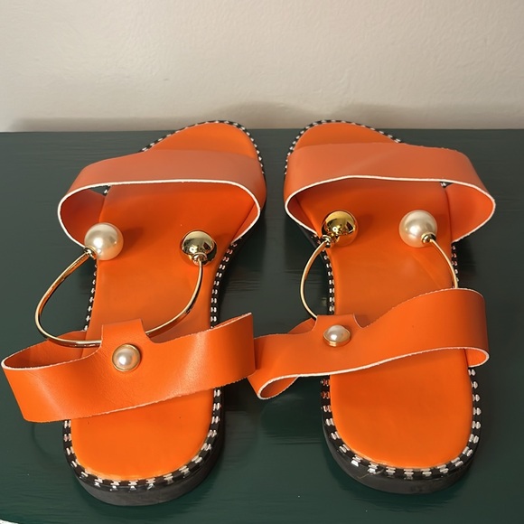Orange Gold & Peal Bead Ankle Cuff Flat Sandals Size: 42 - Picture 8 of 14